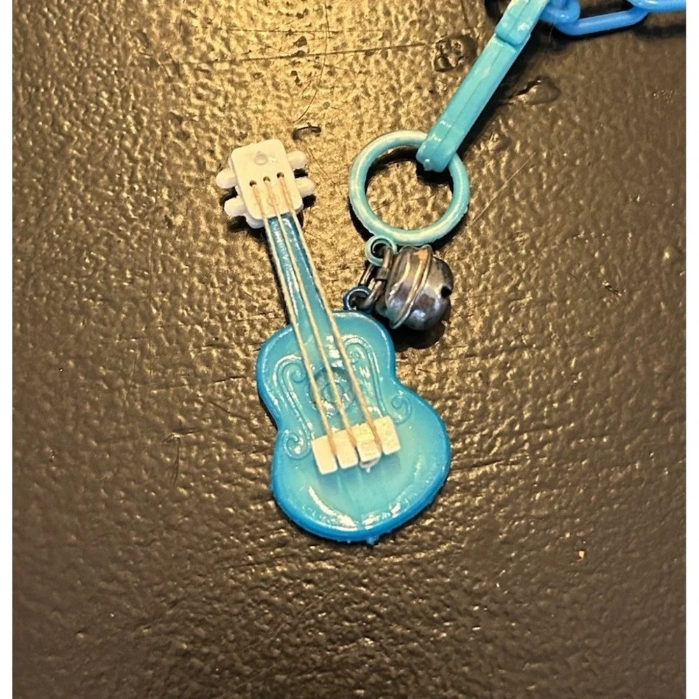 Vintage 80s Plastic Clip On Bell Charm Necklace 3 Charms Blue Chain READ‎